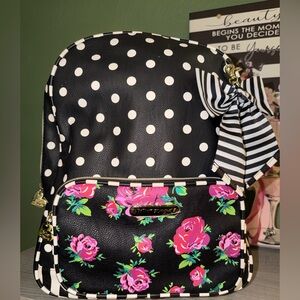 Betsey Johnson Black Polka Dot and Pink Floral Backpack
